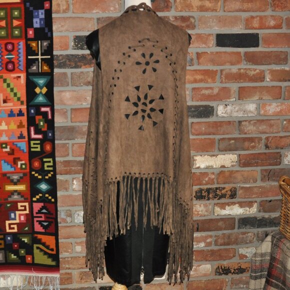 Brown Boho Faux Suede Laser Cut Hippie Fringe Vest Waistcoat Festival Unisex O/S - Picture 8 of 9